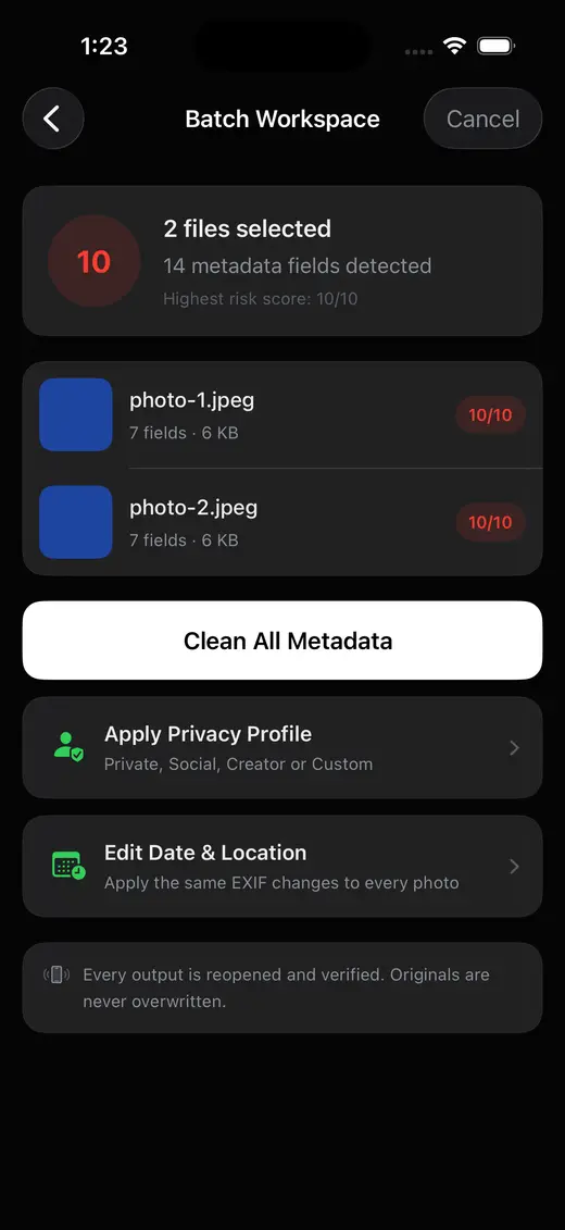NoTrace batch workspace showing two selected photos and their metadata risk
