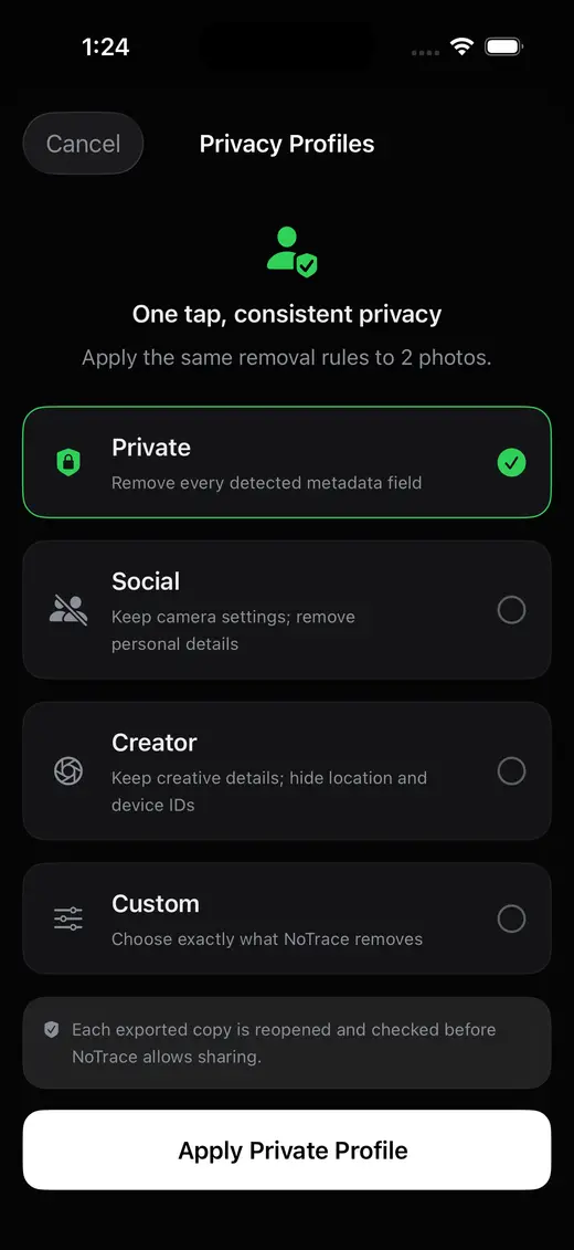 NoTrace privacy profiles for private, social, creator, and custom cleanup