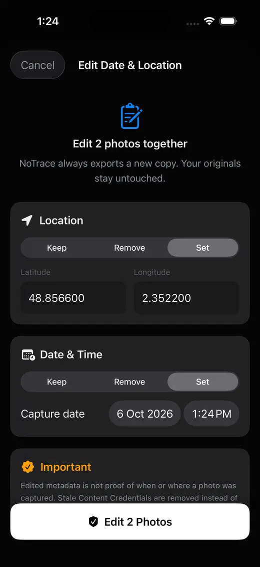 NoTrace EXIF editor configured to change a batch capture date and GPS location